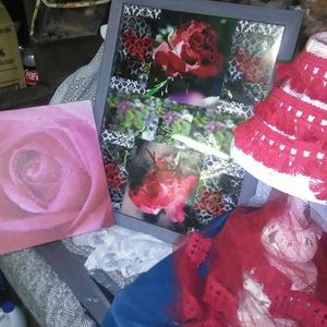 Rose portrait, rose collage and Greco Roman lamp